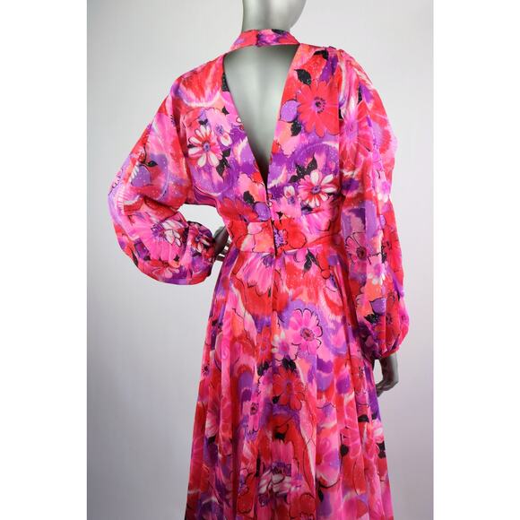 Vintage 1970s Red Pink Purple Chiffon Floral with Keyhole Cutout Small - Picture 8 of 10
